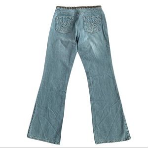 Vintage Y2K Low Rise GAP Womens Light Blue Flare Jeans Boho Leather Braid Accent